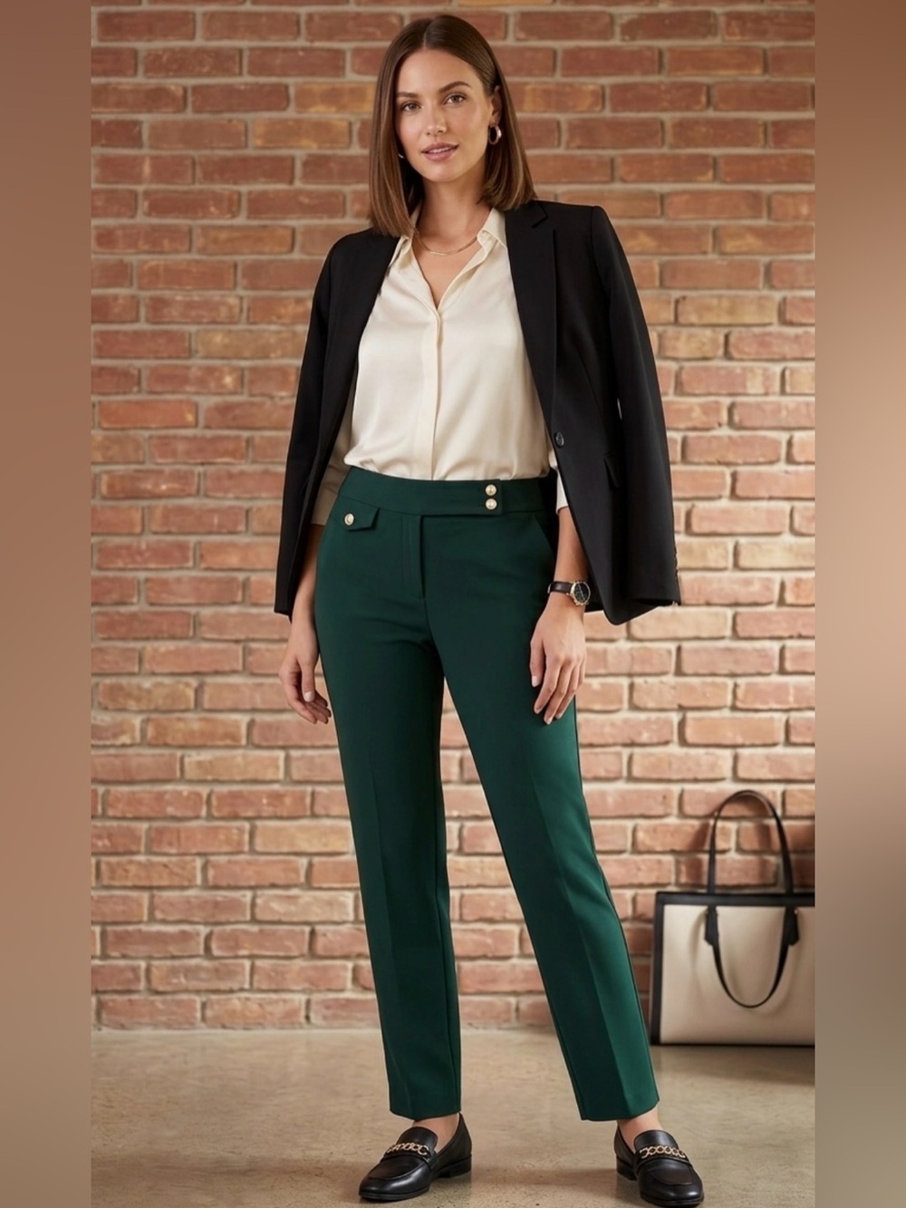 Rachel Zoe Dark Green Straight Leg Pants with Gold buttons